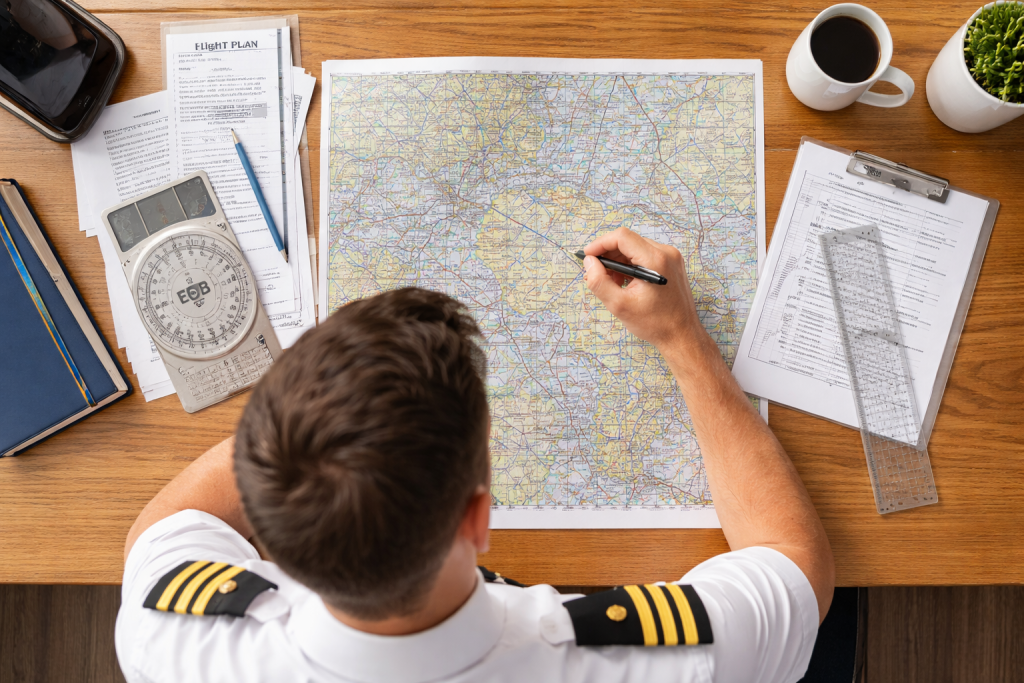 Overhead view of a professional ferry pilot seated at a desk studying aviation charts with a plotter, E6-B, and flight planning paperwork.