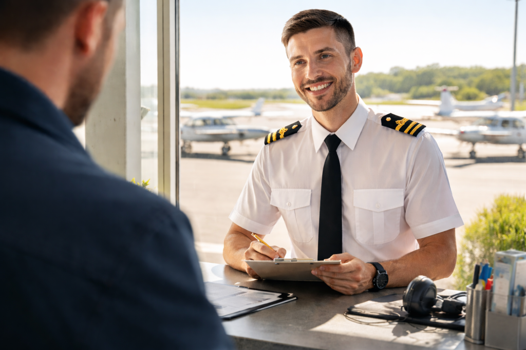 A professional ferry pilot seated at an airport service counter speaking with a customer, with small aircraft visible on the ramp outside.