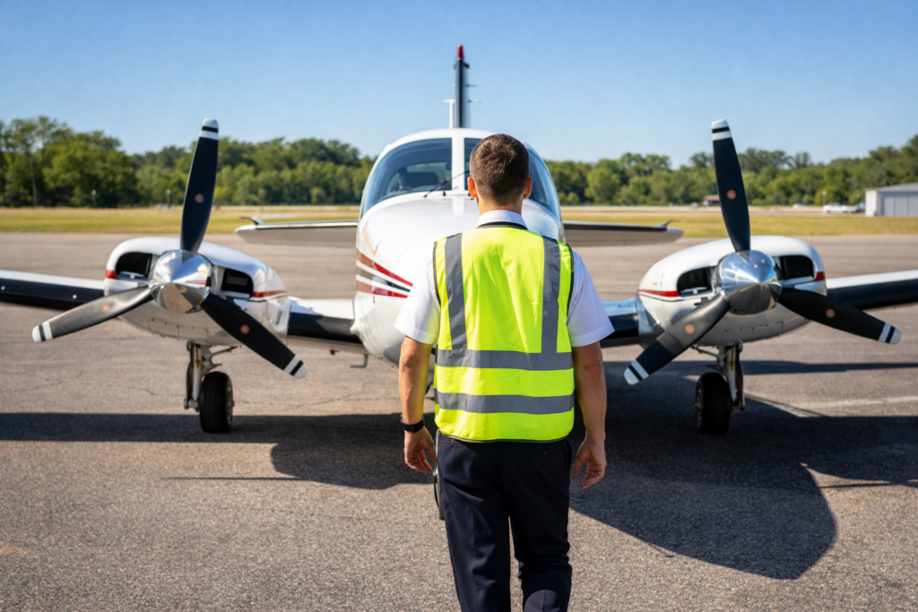 A professional ferry pilot in uniform and safety vest conducting a preflight inspection of a Beechcraft BE58 Baron on a sunny airport ramp.