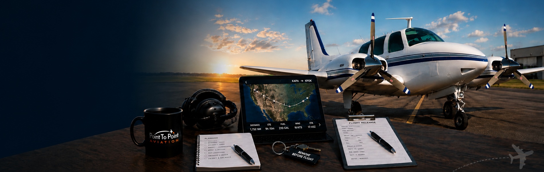 An image of a Beechcraft Baron at sunset along with a table covered in ferry flight planning materials. The heading is "A stress-free process for disciplined delivery".